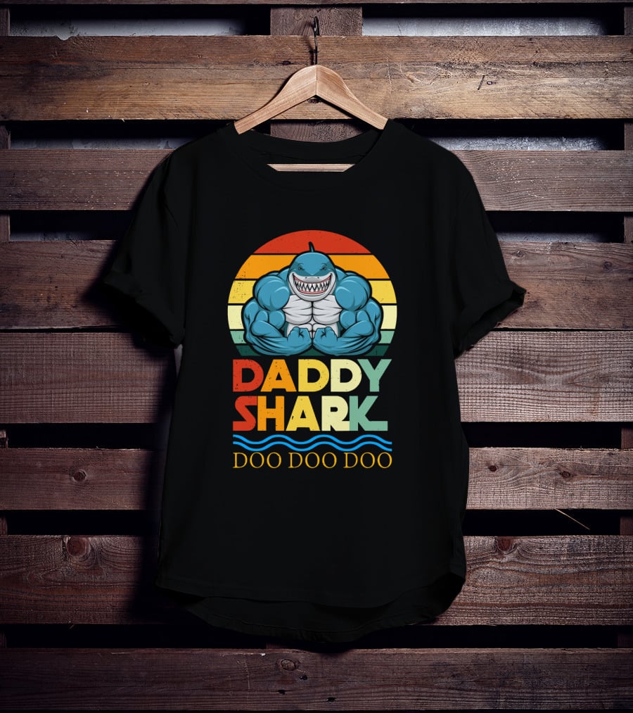 Daddy Shark Doo Doo Doo Retro Weight Lifting Shark T-Shirt