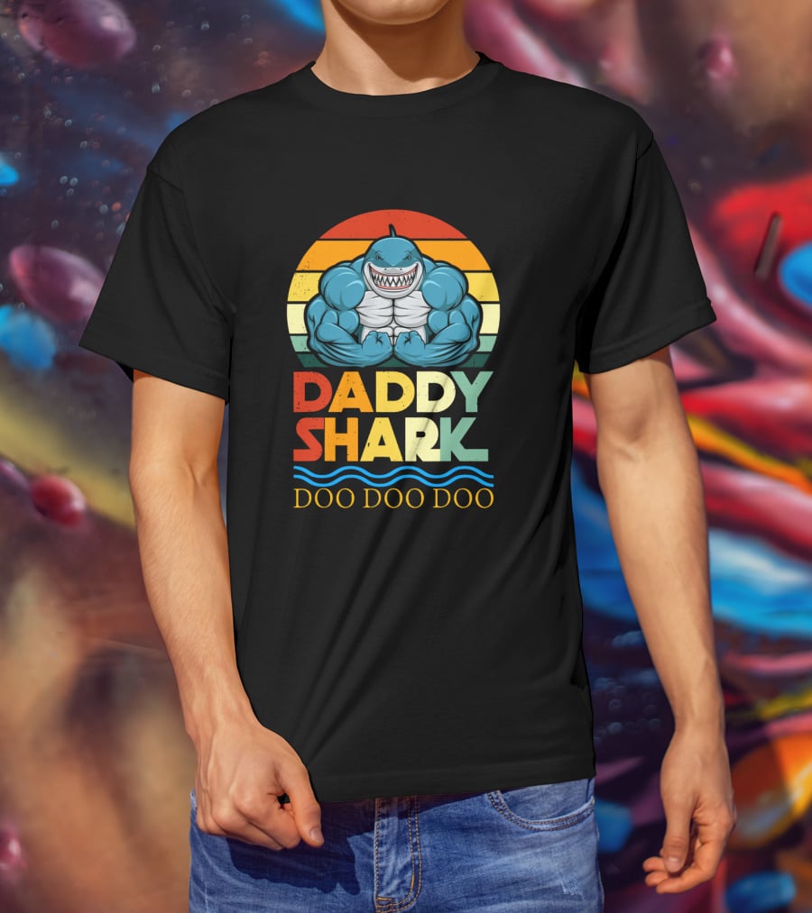 Daddy Shark Doo Doo Doo Retro Weight Lifting Shark T-Shirt