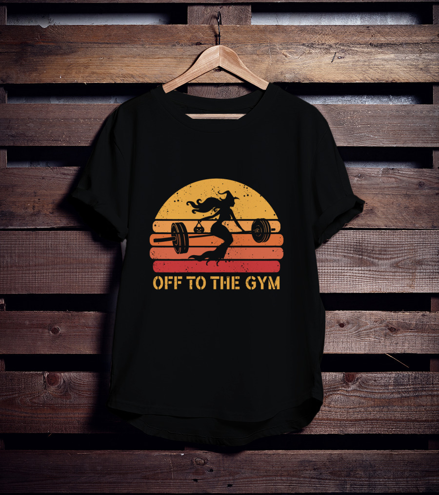 Witch Lifting Weights Off To The Gym Retro Sunset Fitness T-Shirt