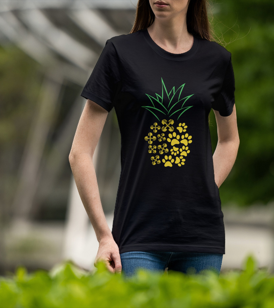 Weight Lifting Pineapple With Dumbbells And Paw Prints T-Shirt