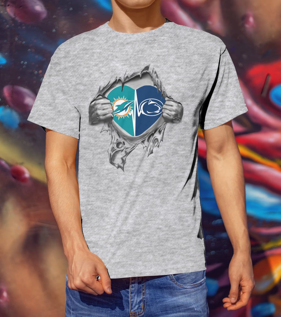 Miami Dolphins Penn State Split Heart Torn Ripped Chest T-Shirt