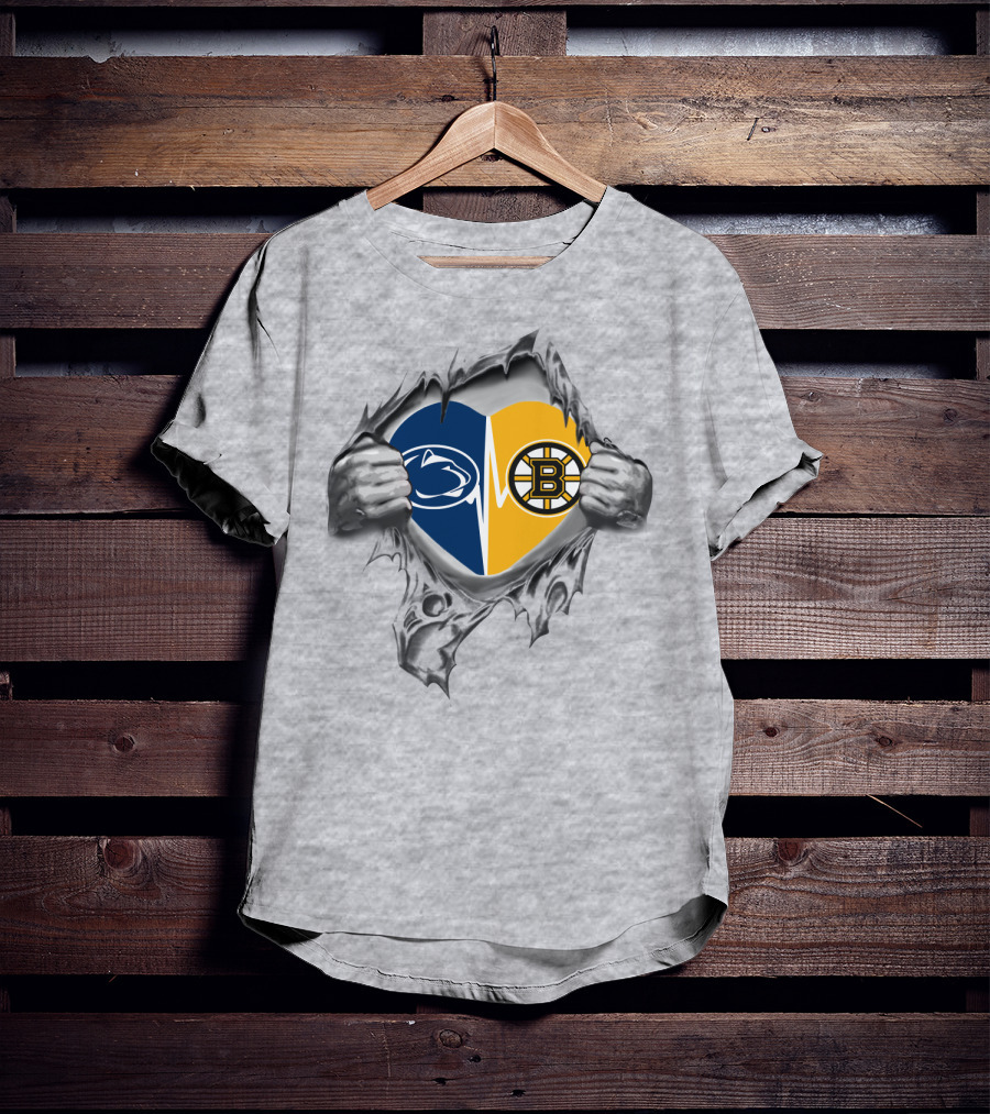 Boston Bruins Penn State Heart Design With Split Logos And Ripped Background T-Shirt