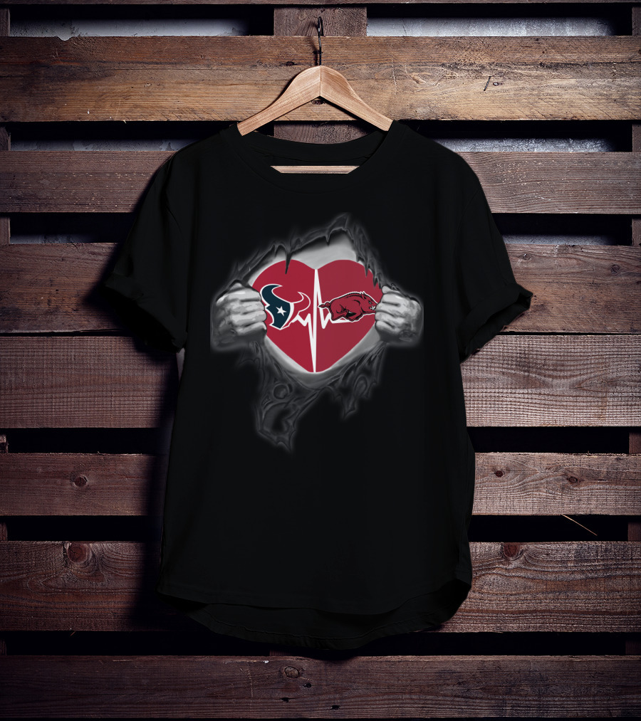 Houston Texans Arkansas Razorbacks Heartbeat Football Fan Pride T-Shirt