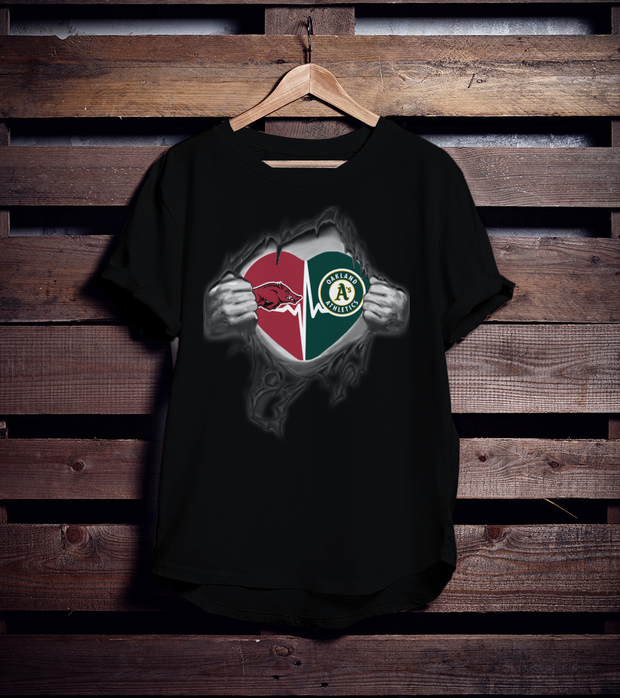 Arkansas Razorbacks Heart Oakland Athletics Split Hands T-Shirt