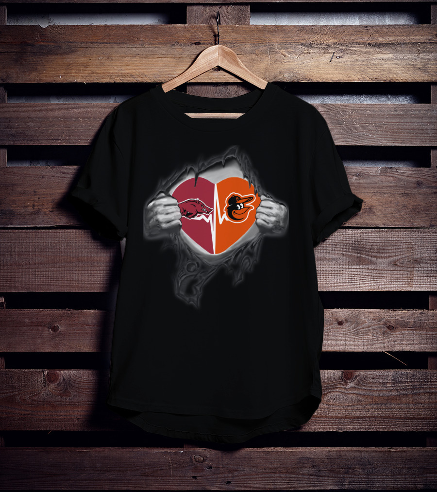 Arkansas Razorbacks Baltimore Orioles Heart Logos Pulled Open By Hands T-Shirt