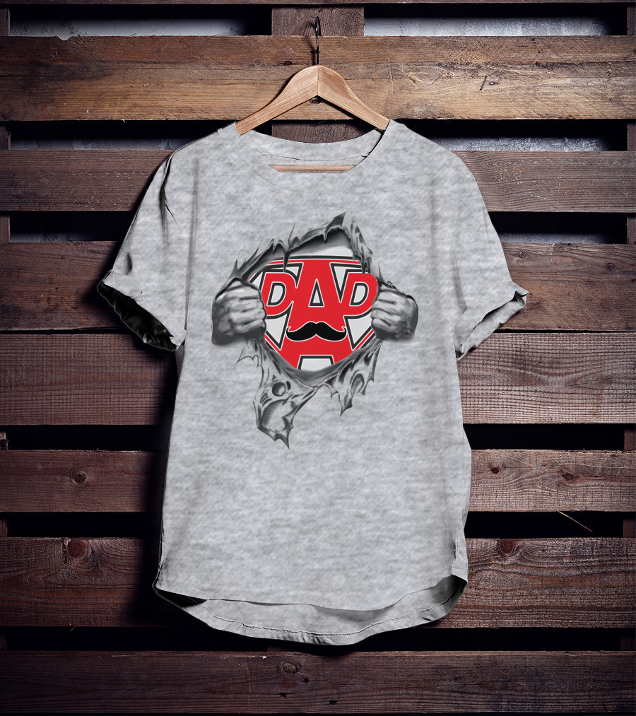 Super Dad Hero Shield With Mustache And Torn Fabric Effect T-Shirt