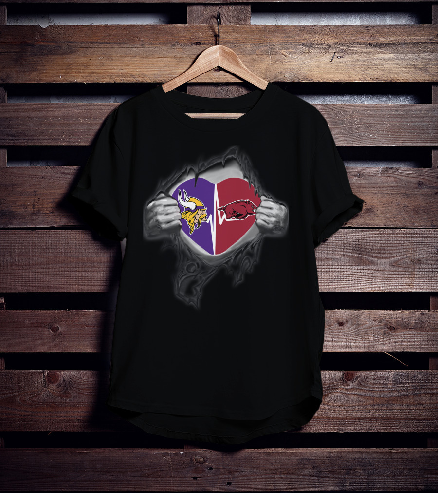 Minnesota Vikings Arkansas Razorbacks Heart Rip Logo Fusion T-Shirt
