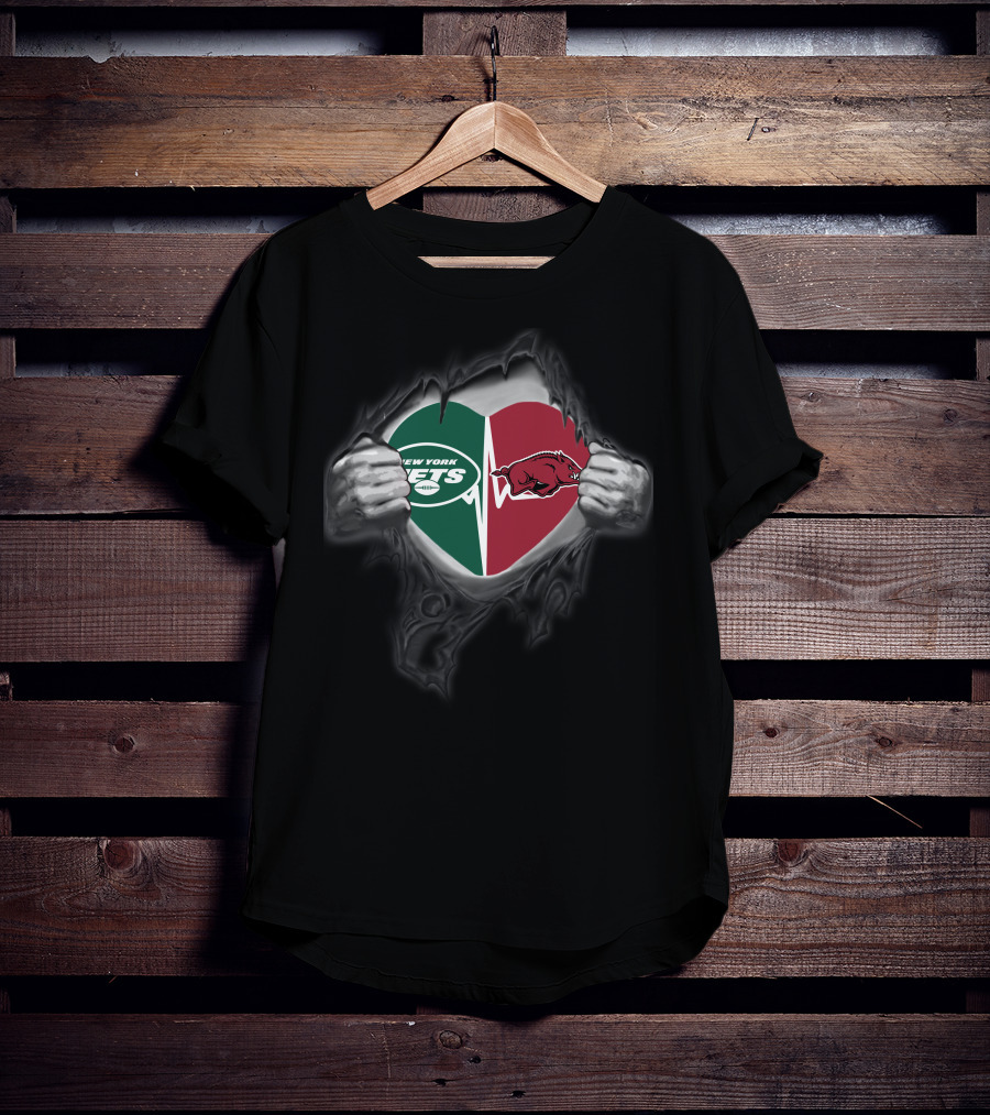 New York Jets Arkansas Razorbacks Heart Torn Reveal T-Shirt