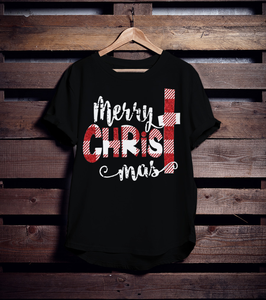 Merry Christ Mas Striped Cross Red Glitter T-Shirt