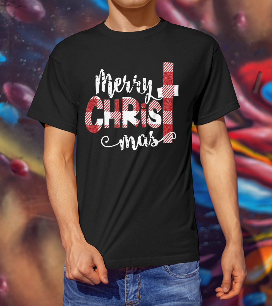 Merry Christ Mas Striped Cross Red Glitter T-Shirt