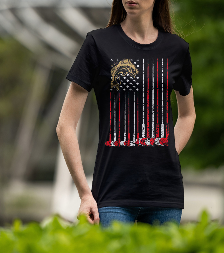 American Flag Fishing Bass With Independence Day T-Shirt