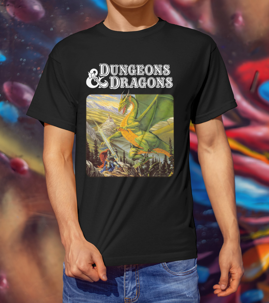 Dungeons And Dragons Knight Battling Green Dragon Scene T-Shirt