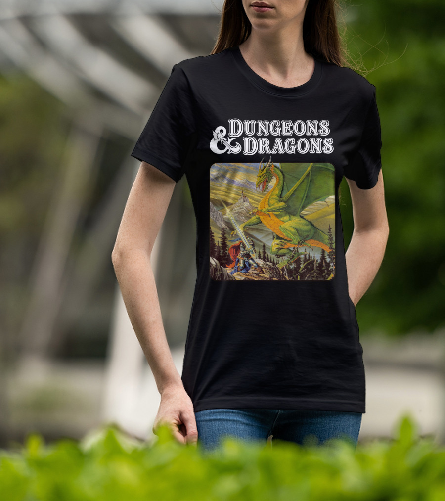 Dungeons And Dragons Knight Battling Green Dragon Scene T-Shirt