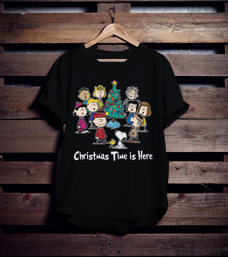 Christmas Time Is Here Peanuts Characters Gather Around The Festive Tree T-Shirt
