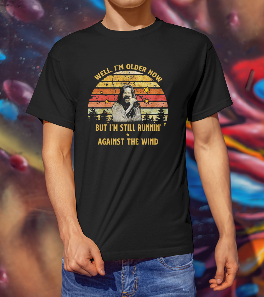 Well I'm Older Now But I'm Still Runnin' Against The Wind Retro Style Forest And Star Background T-Shirt