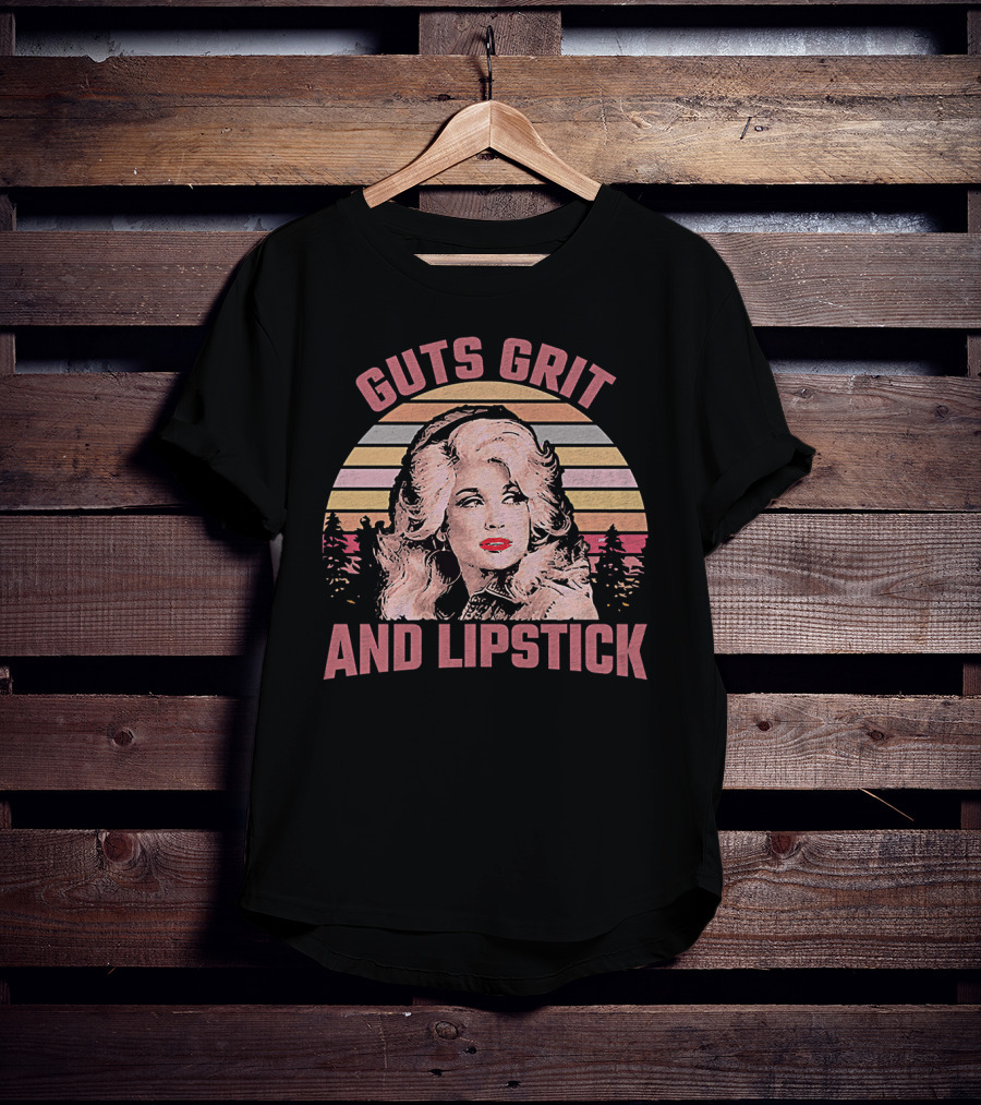 Guts Grit And Lipstick Dolly Parton Country Music Lovers Retro Sunset T-Shirt