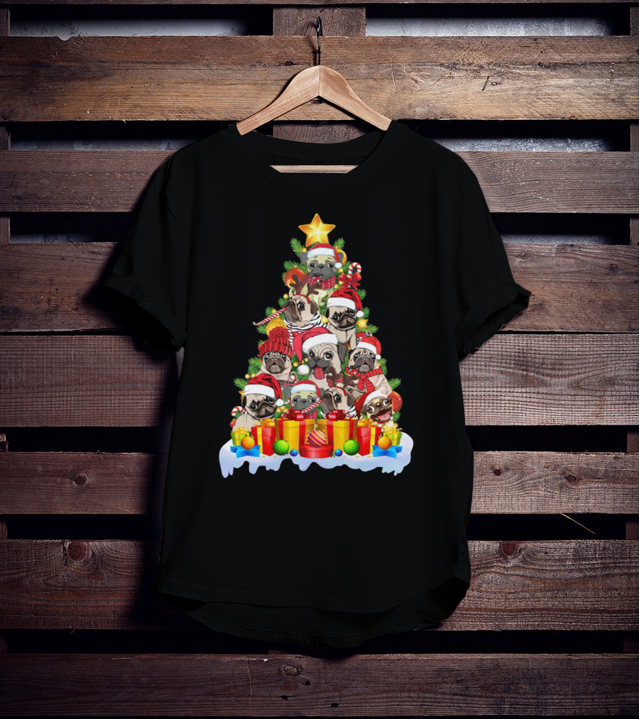Pug Christmas Tree With Santa Hats And Presents T-Shirt