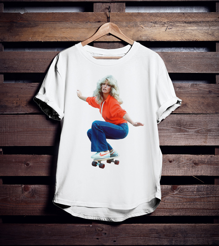Farrah Fawcett Iconic Skateboarding Pose In Red Sweater And Sneakers T-Shirt
