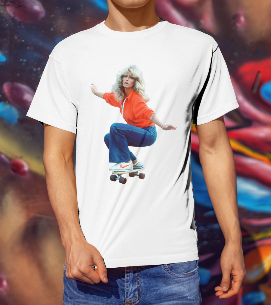 Farrah Fawcett Iconic Skateboarding Pose In Red Sweater And Sneakers T-Shirt