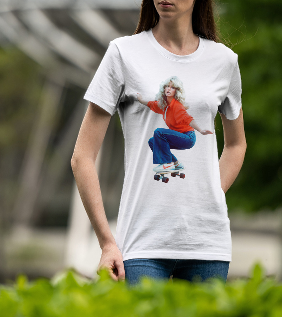 Farrah Fawcett Iconic Skateboarding Pose In Red Sweater And Sneakers T-Shirt