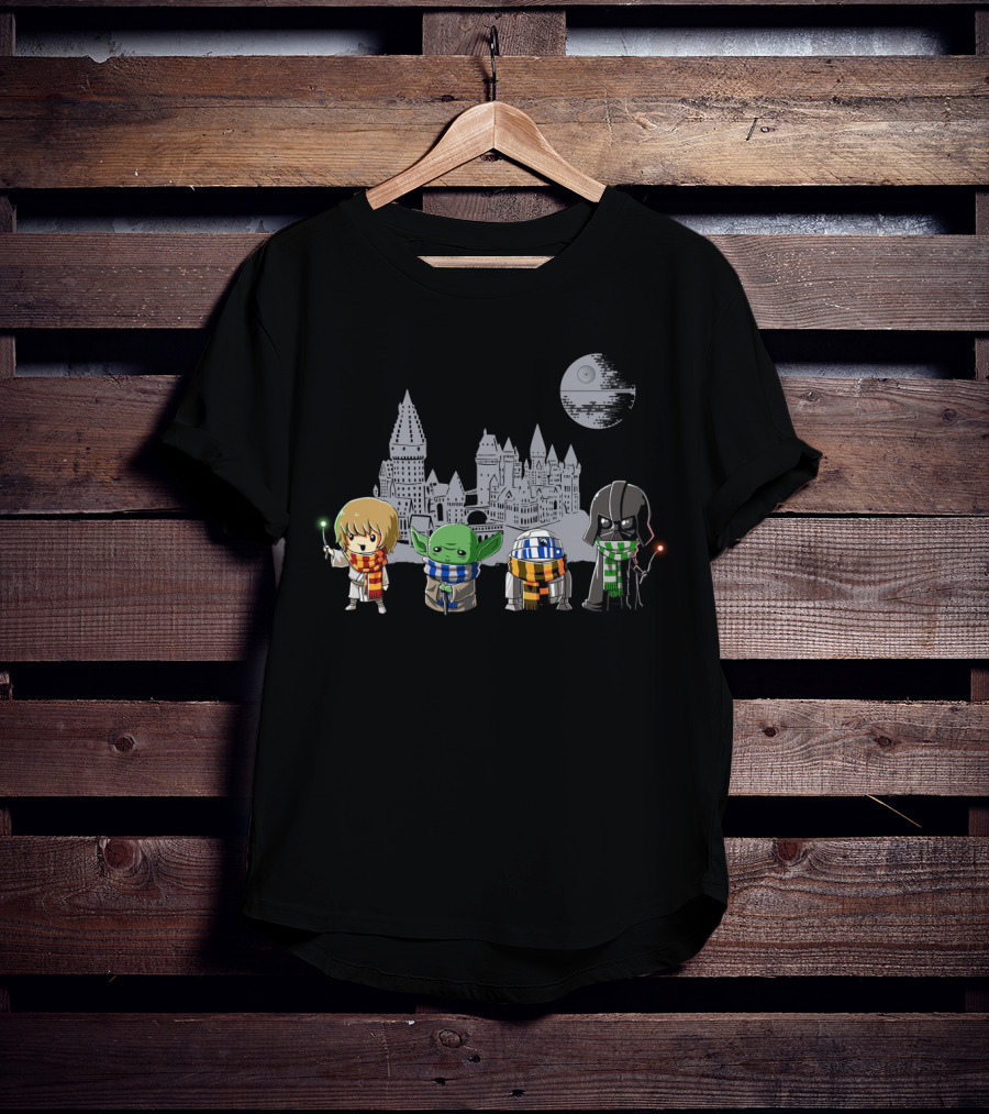 Star Wars Hogwarts Crossover With Luke Yoda R2-D2 And Darth Vader In House Scarves T-Shirt