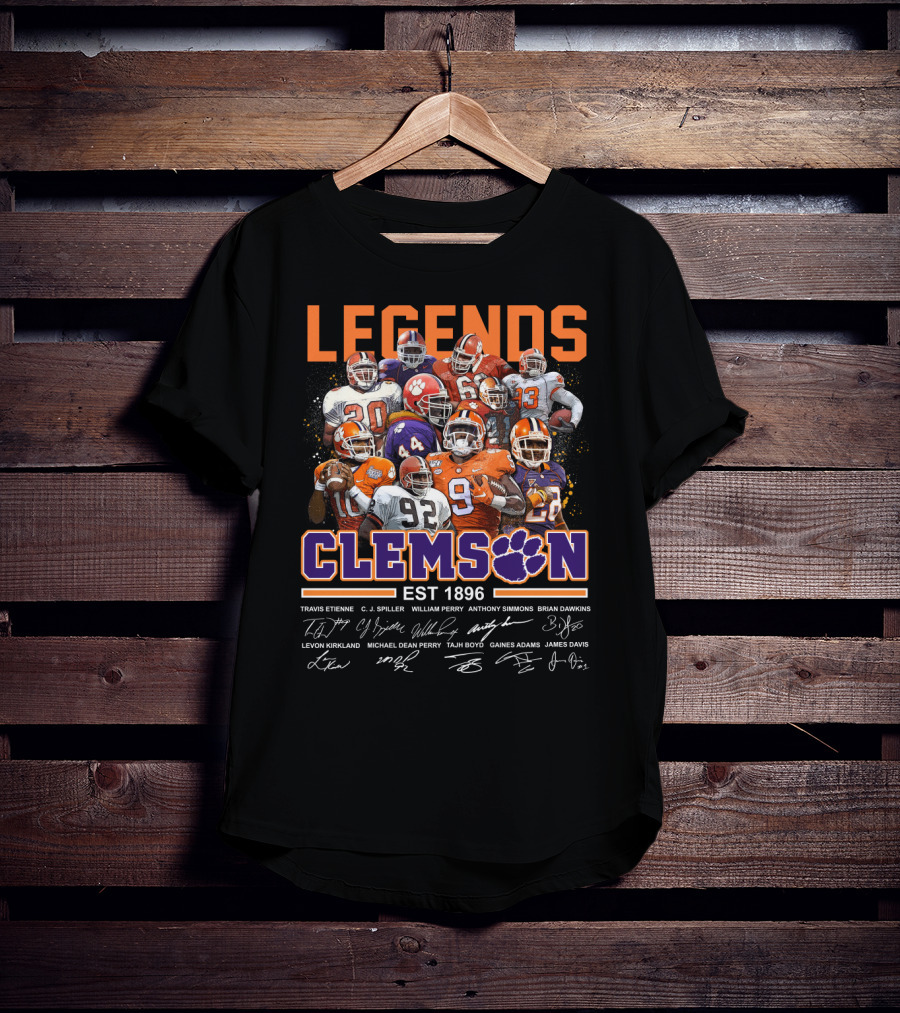 Clemson Legends EST 1896 Travis Etienne C.J. Spiller William Perry Anthony Simmons Brian Dawkins Levon Kirkland Michael Dean Perry Tajh Boyd Gaines Adams James Davis T-Shirt