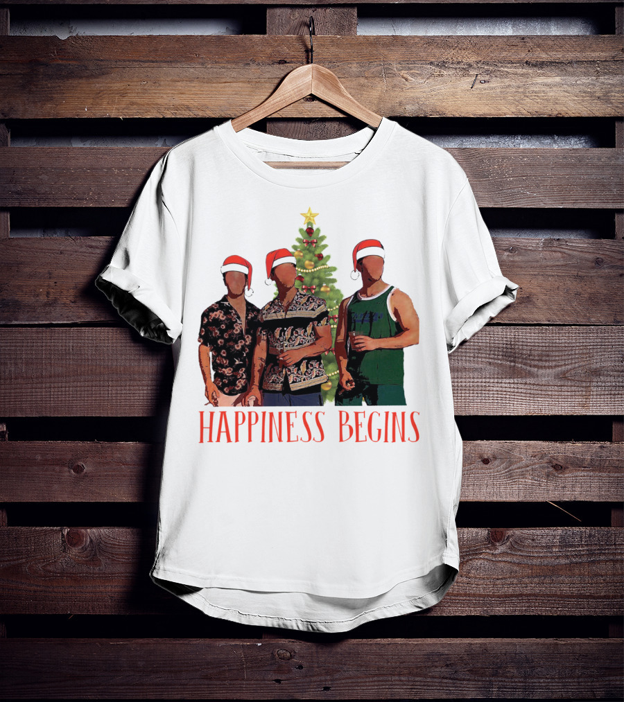 Happiness Begins Santa Trio With Christmas Tree T-Shirt
