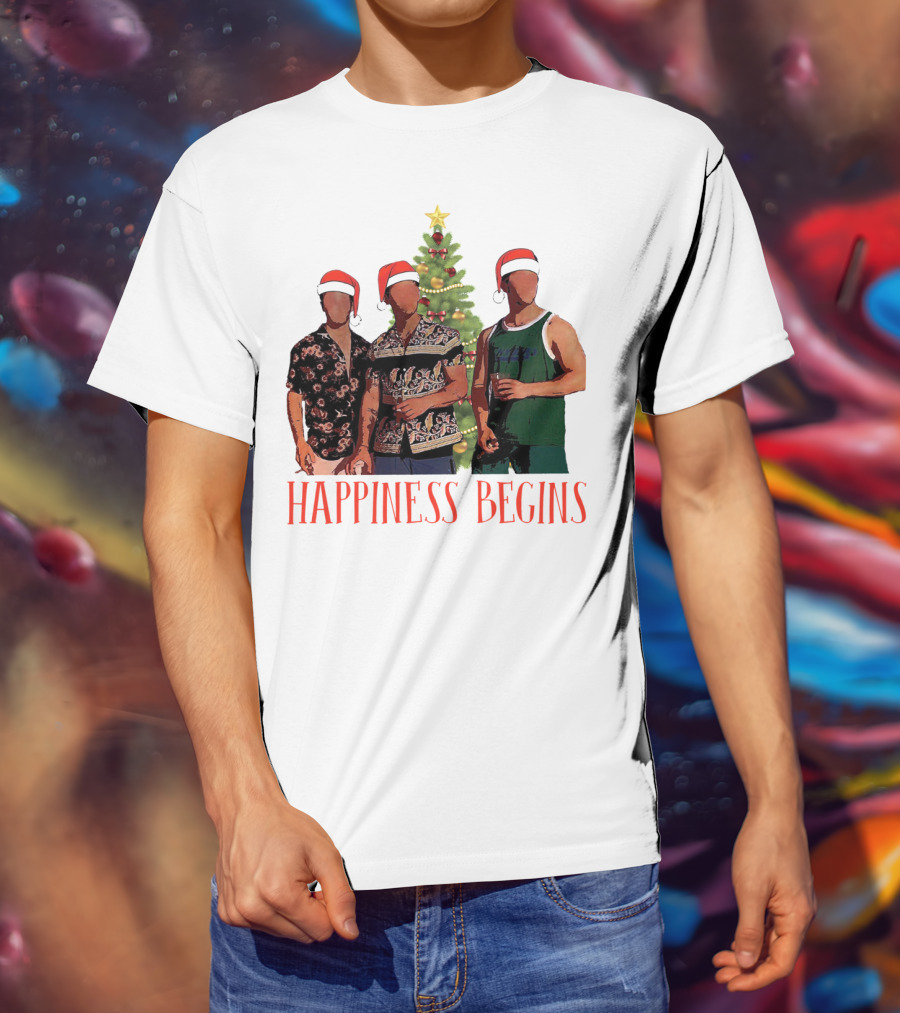 Happiness Begins Santa Trio With Christmas Tree T-Shirt