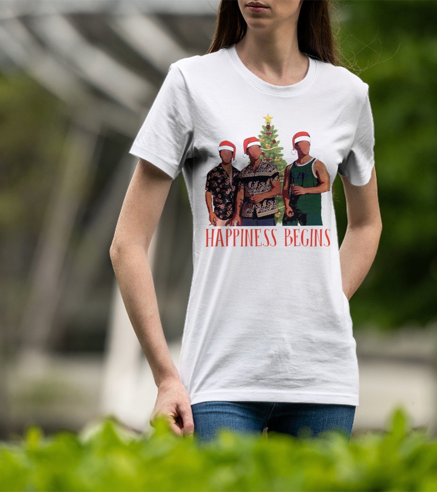 Happiness Begins Santa Trio With Christmas Tree T-Shirt