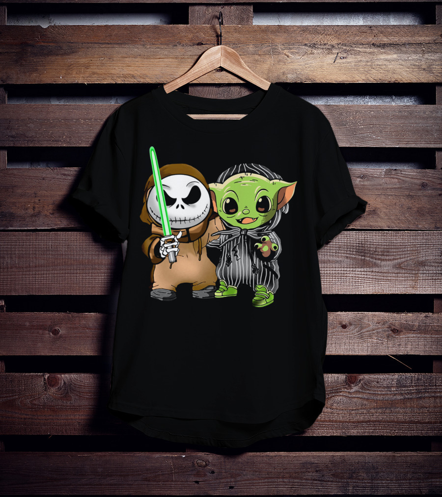 Jack Skellington In Jedi Robe And Baby Yoda In Striped Suit With Lightsaber T-Shirt