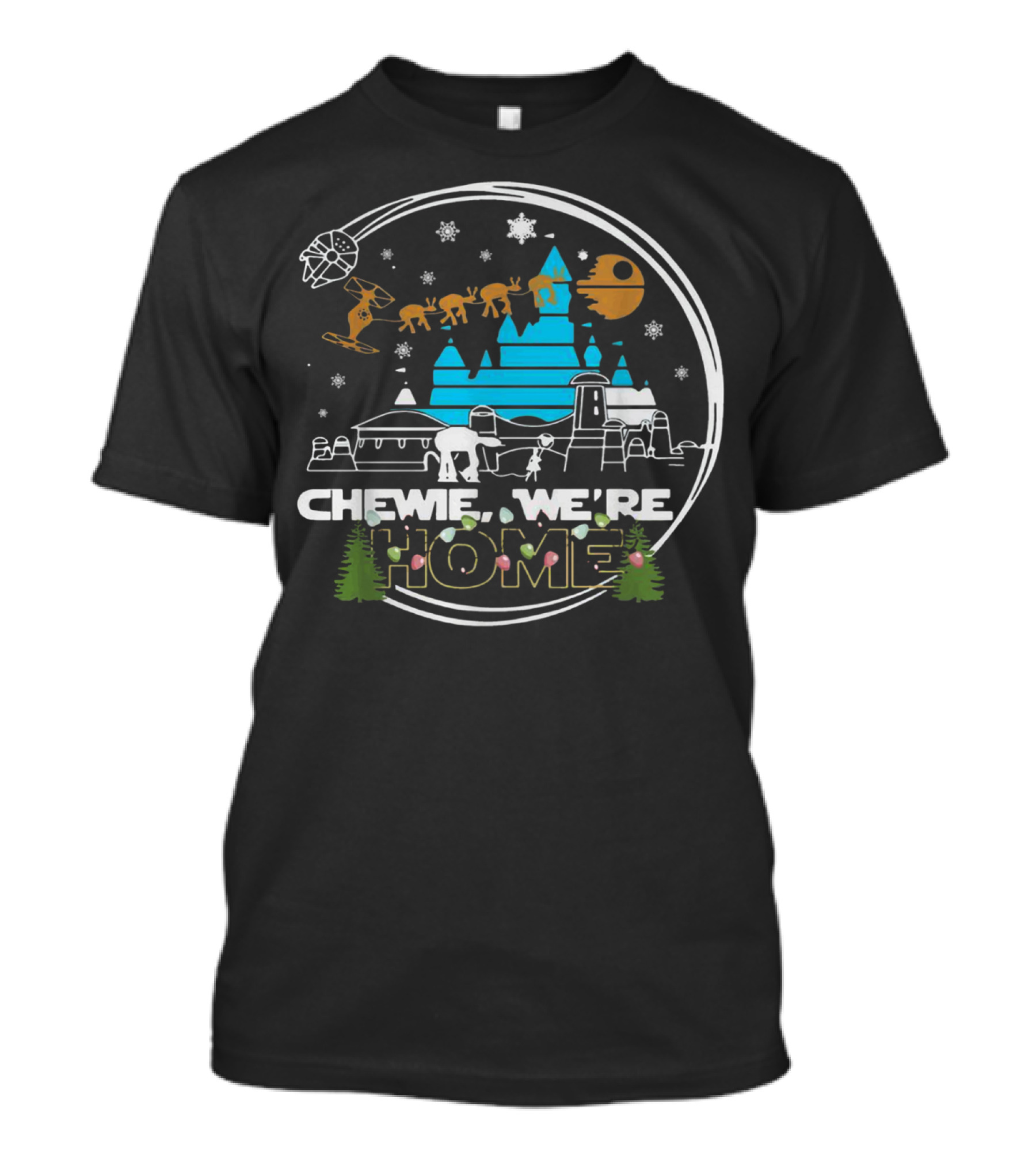Disney Star Wars Chewie We're Home Snowflake Millennium Falcon Christmas Trees T-Shirt