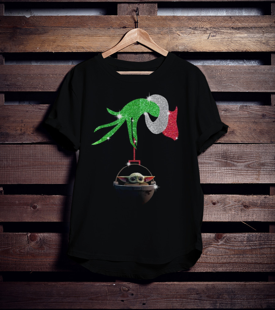 Grinch Glitter Hand Holding Baby Yoda T-Shirt