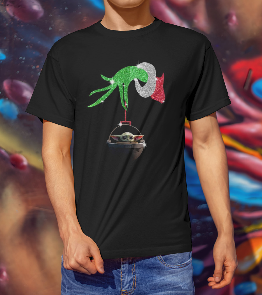 Grinch Glitter Hand Holding Baby Yoda T-Shirt