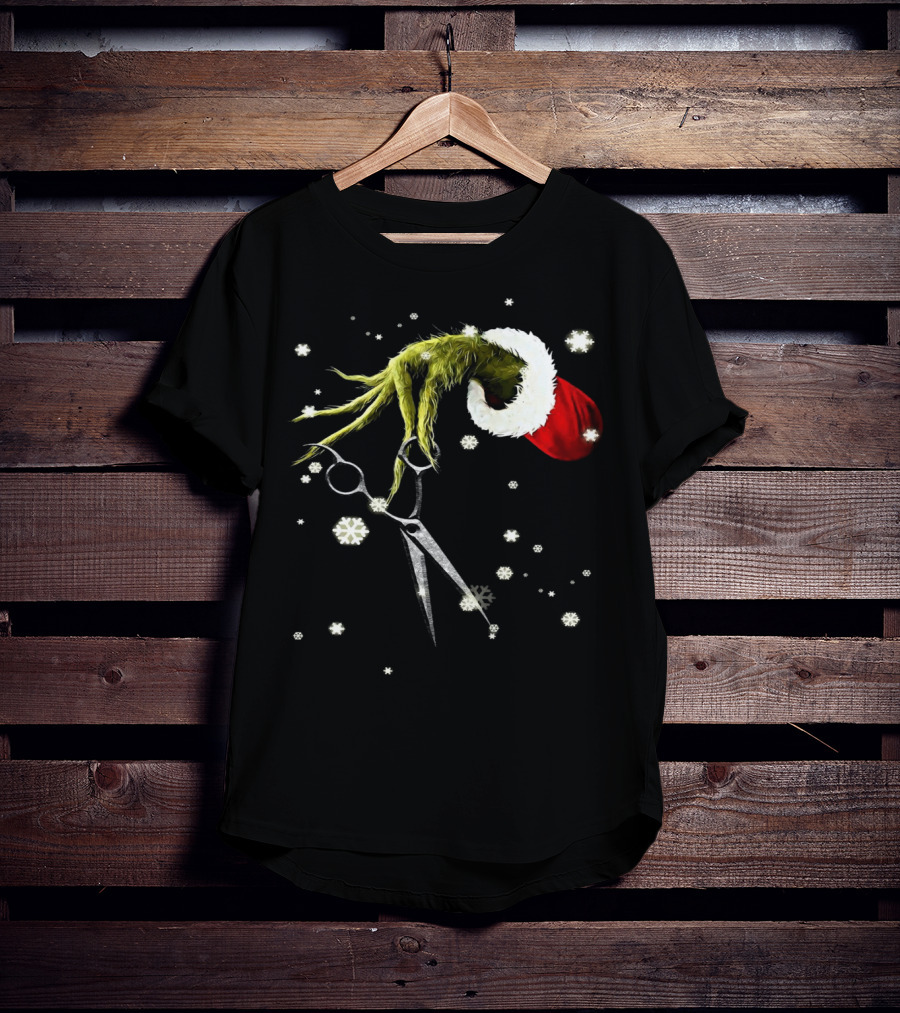 Grinch Hand Holding Scissors Santa Hat Snowflakes T-Shirt