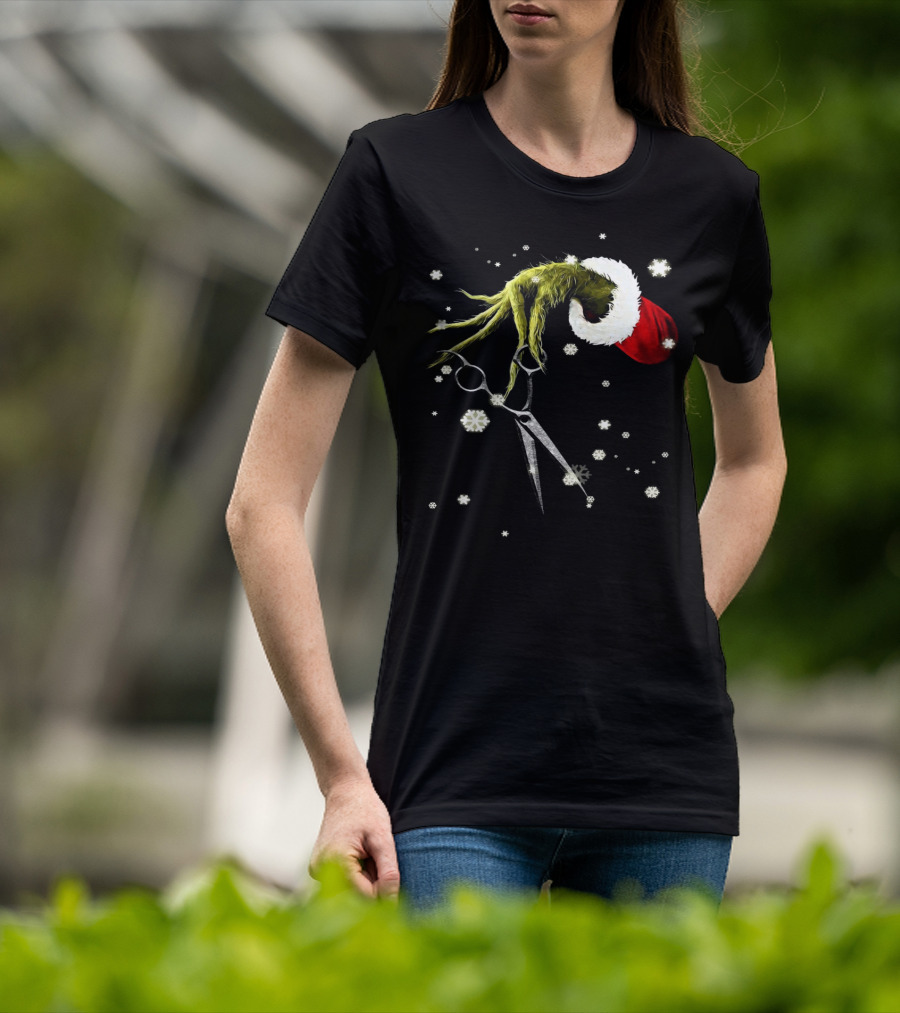 Grinch Hand Holding Scissors Santa Hat Snowflakes T-Shirt