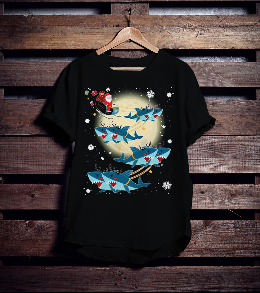 Santa Claus Riding Shark Reindeer Full Moon Snowflakes T-Shirt