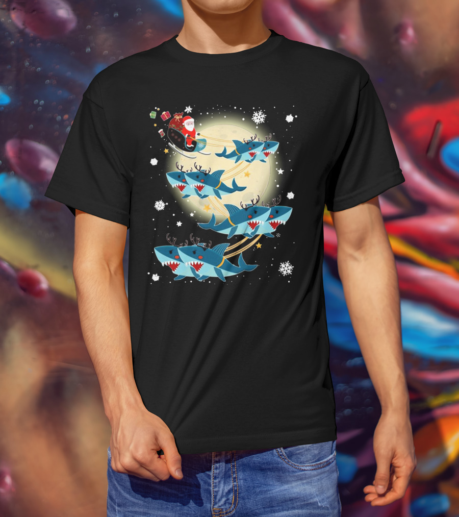 Santa Claus Riding Shark Reindeer Full Moon Snowflakes T-Shirt