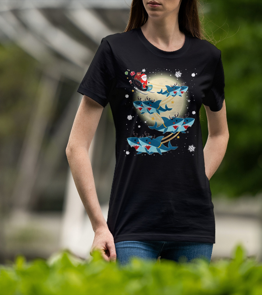 Santa Claus Riding Shark Reindeer Full Moon Snowflakes T-Shirt