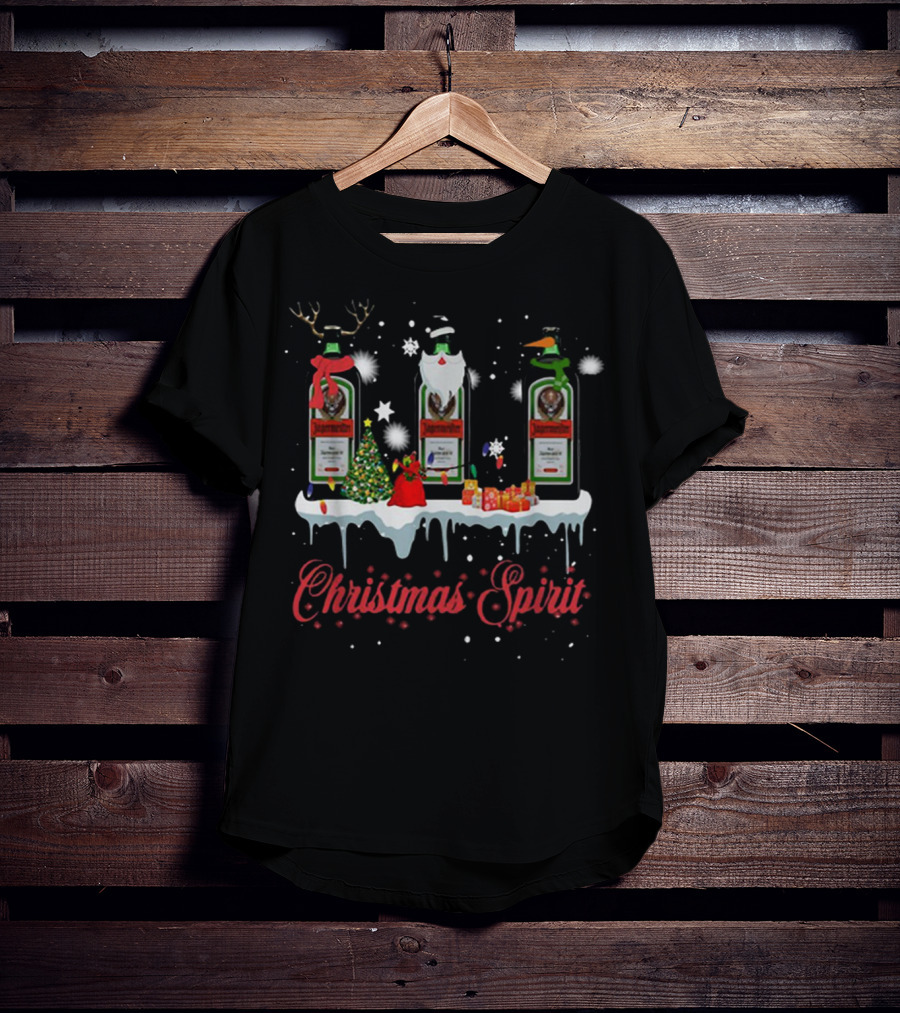 Christmas Spirit Jagermeister Bottles With Holiday Decorations And Snowflakes T-Shirt