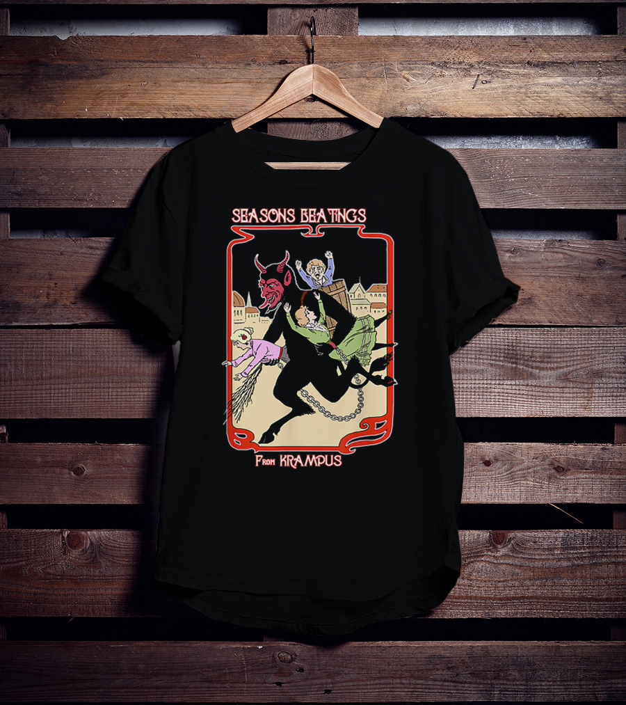 Seasons Beatings From Krampus With Festive Cityscape And Naughty Children T-Shirt