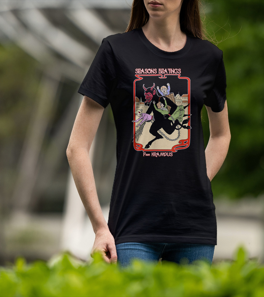 Seasons Beatings From Krampus With Festive Cityscape And Naughty Children T-Shirt