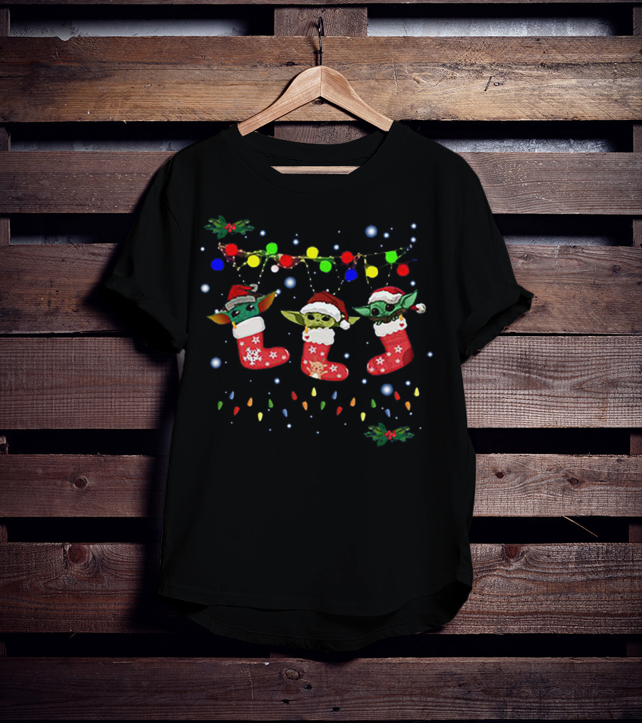 In Stock Light Christmas Baby Yoda Santa Stockings Multicolored Lights T-Shirt