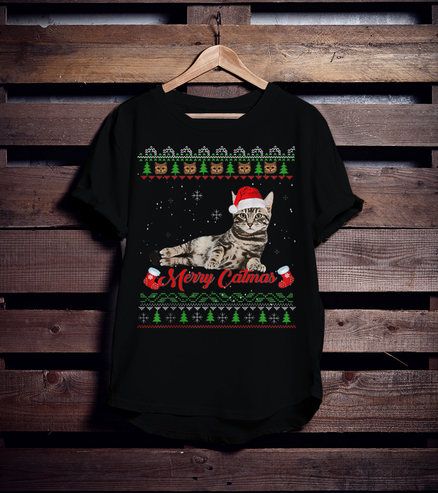 Merry Catmas Christmas Cat Santa Hat Festive Design With Christmas Trees And Stockings T-Shirt
