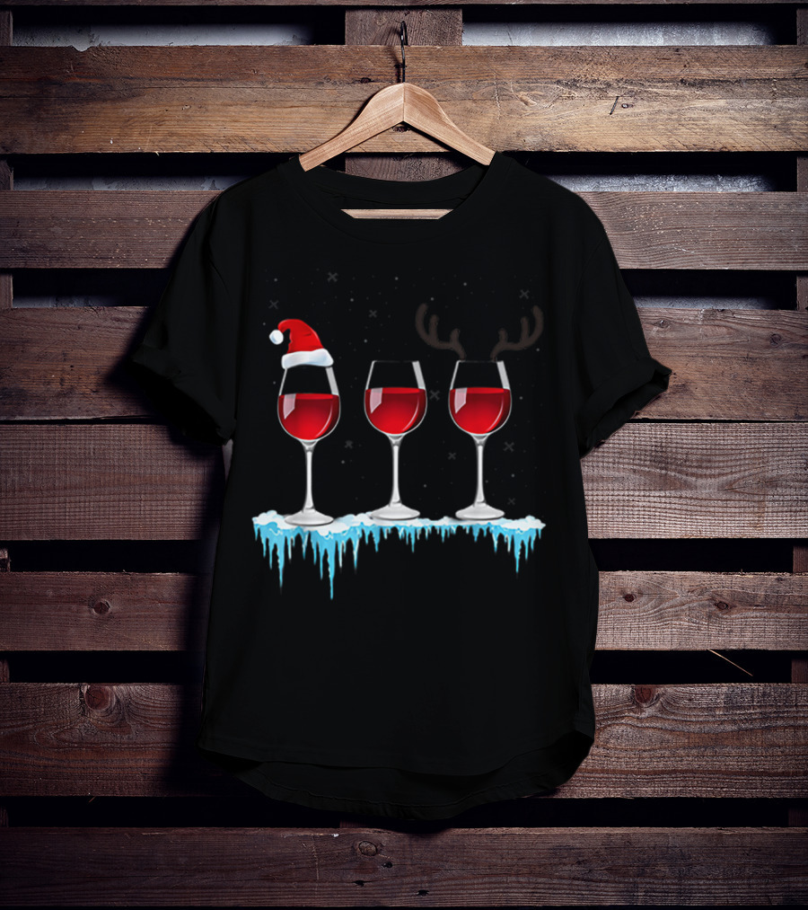 Red Wine Three Glasses Santa Hat Antlers Snow Holiday T-Shirt