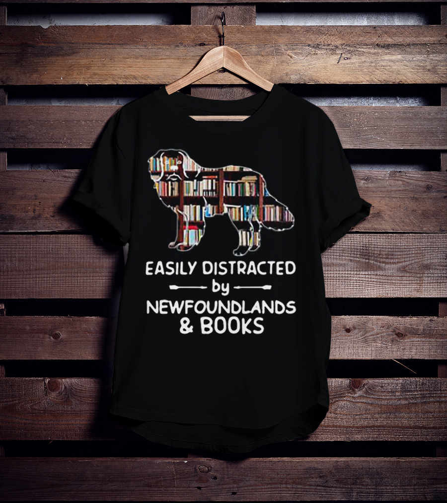 Easily Distracted By Newfoundlands And Books Silhouette Filled With Books T-Shirt