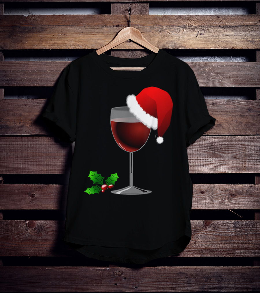 Wine Christmas Santa Hat Holly T-Shirt