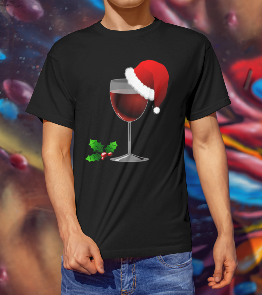 Wine Christmas Santa Hat Holly T-Shirt