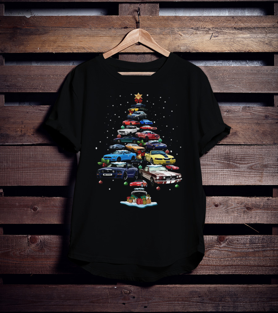 Mustang Christmas Tree With Iconic Cars And Festive Decorations T-Shirt