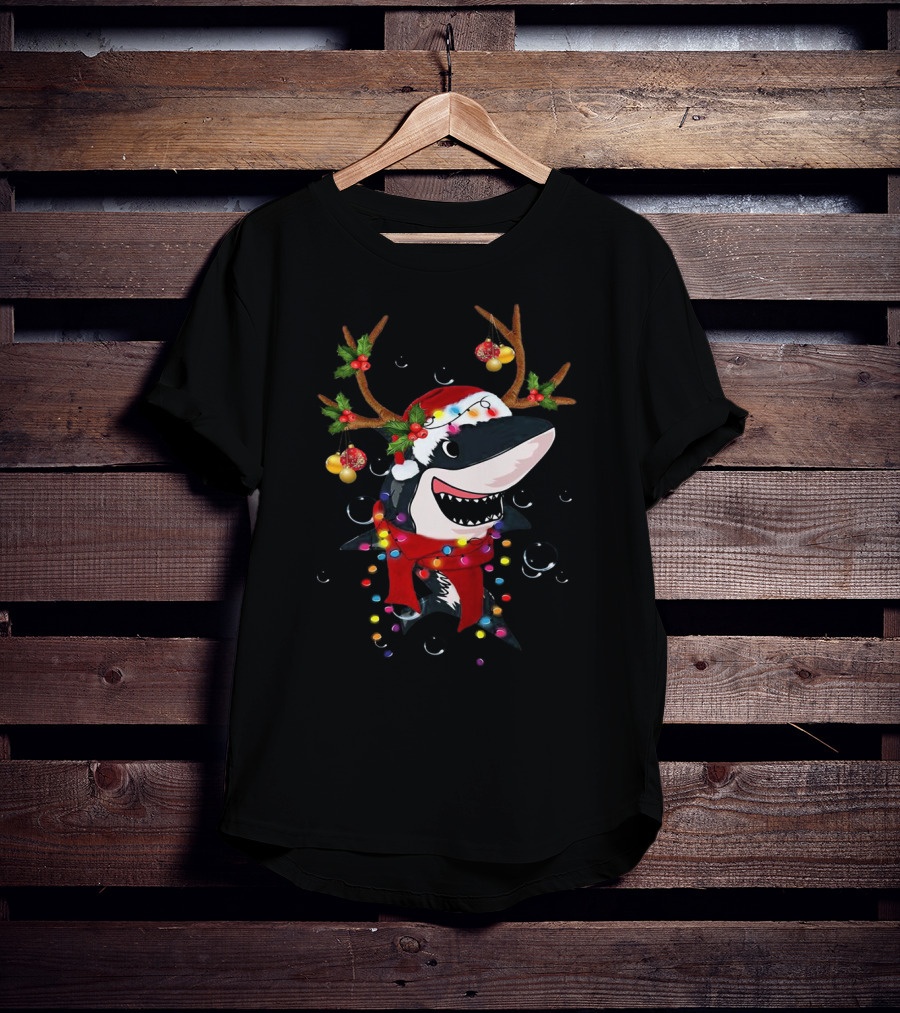 Shark With Christmas Reindeer Antlers And Santa Hat T-Shirt