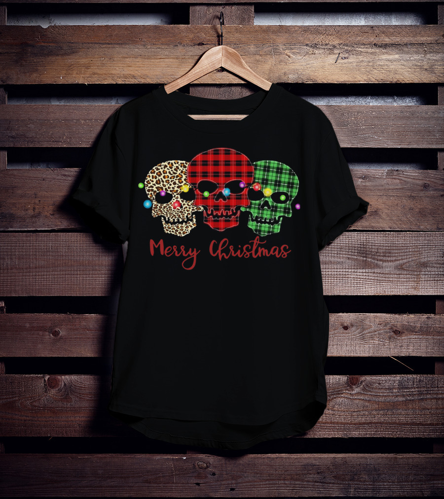 Merry Christmas Skulls Leopard Red Green Plaid Printed T-Shirt